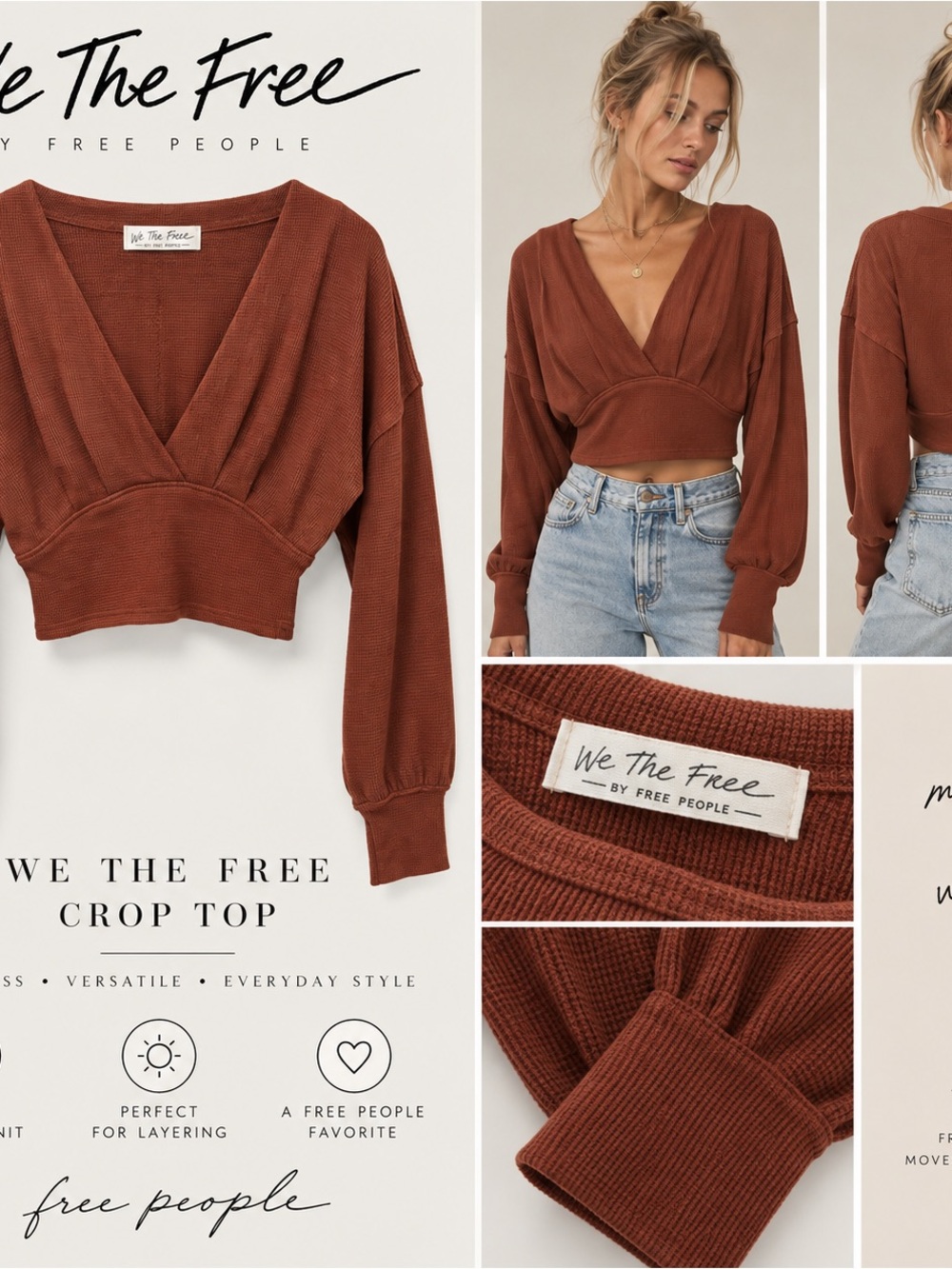 We The Free Rust Brown V-Neck Cropped Sweater